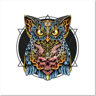 Owl skull horn fire Posters and Art